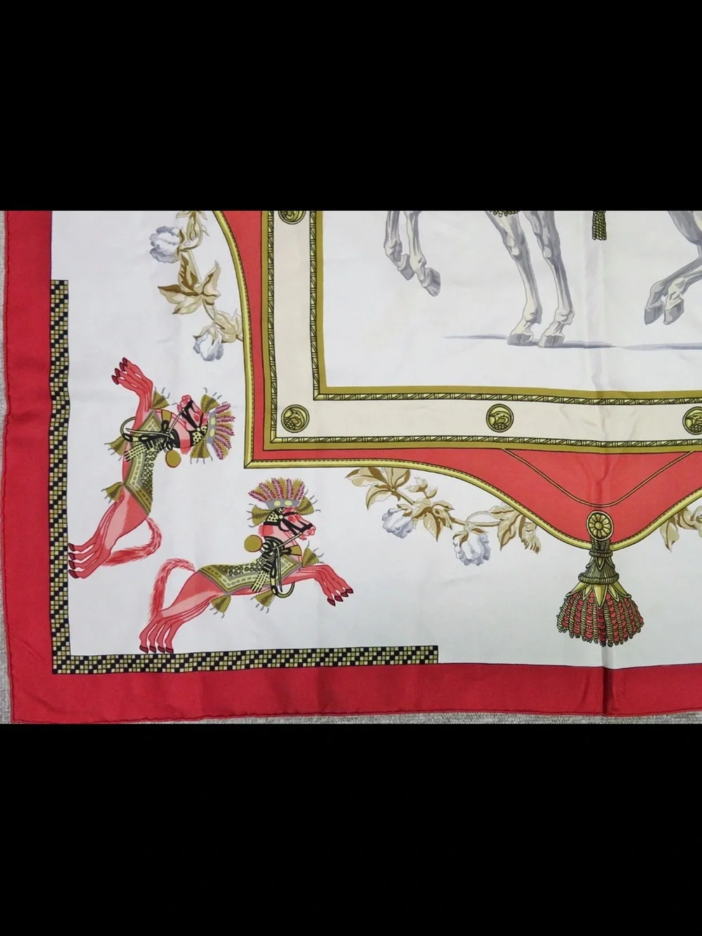 Hermes White Red and Gold Horse Harness Silk Scarf